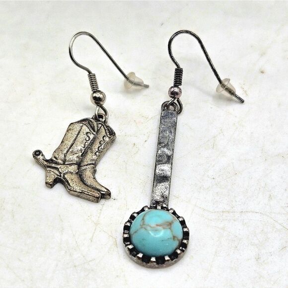 "5/$25" Mismatched Western Cowboy Boot Pewter Finish Turquoise Dangle Earrings - Picture 3 of 6